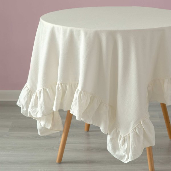 Deerlux 100% Pure Linen Washable Tablecloth with Ruffle Trim, 52 x 70 Rectangle White QI003988.5270.WT